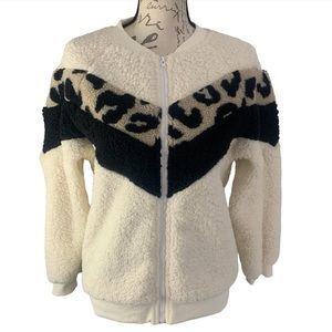 NEW Faux Sherpa Full Zip Chevron Colorblock Leopard Stripe Crew Neck Jacket S